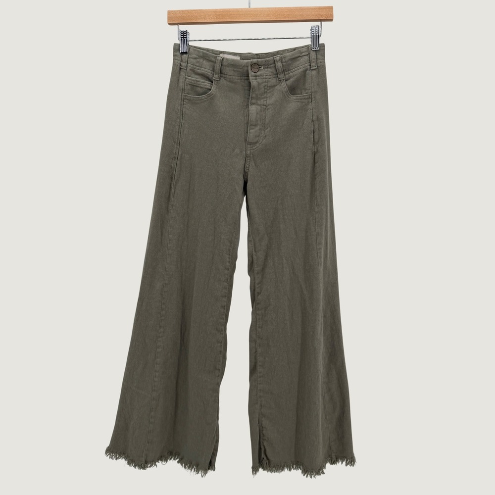 Pilcro Anthropologie Adi Linen Flare Pants Olive Sz‎ 24P Frayed Wide Old Money